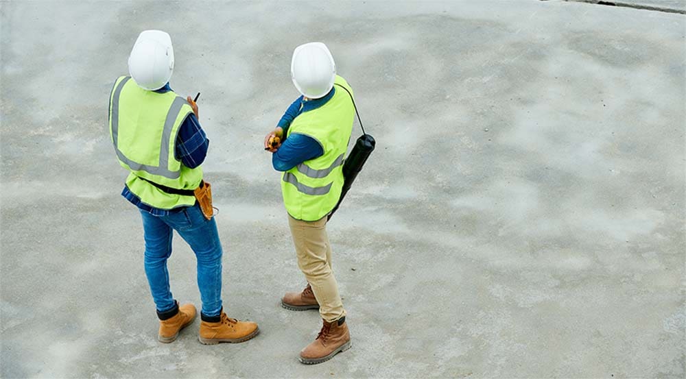Two workers standing on concrete.